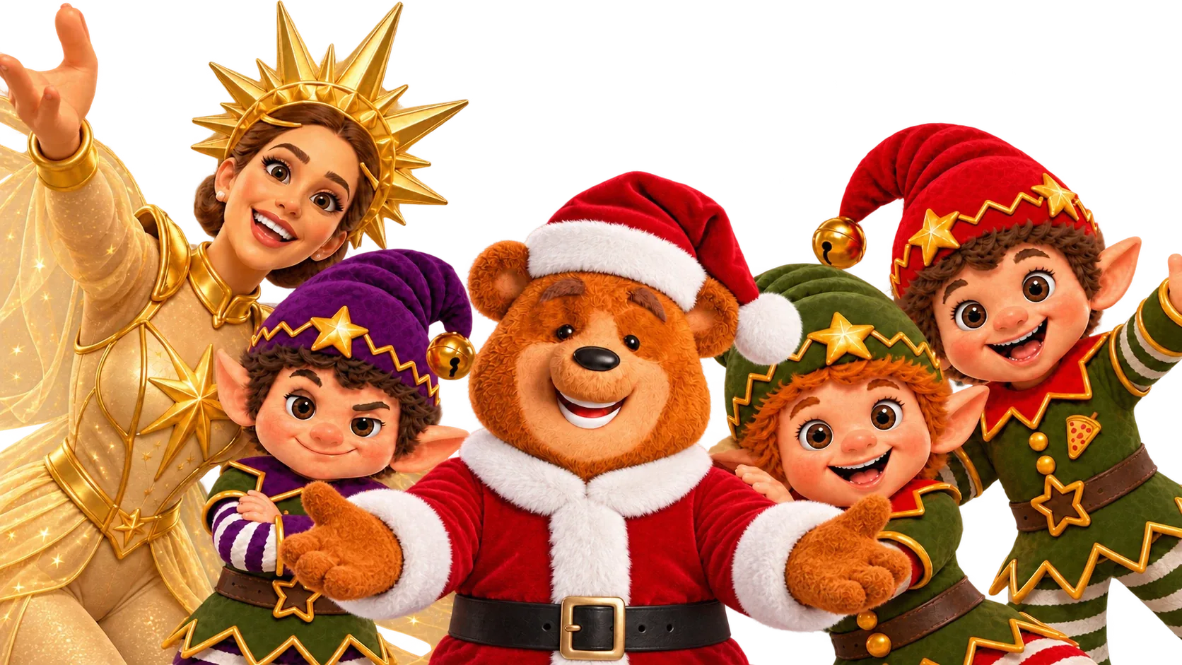 Luguito vestido de Papai Noel com os elfos e a turma do Natal no Mundo Lugano